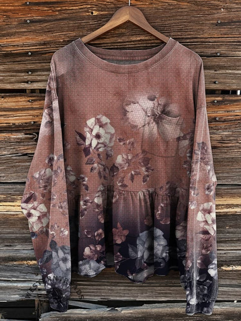 Women's Retro Floral Print Loose Casual Cotton Sweatshirt