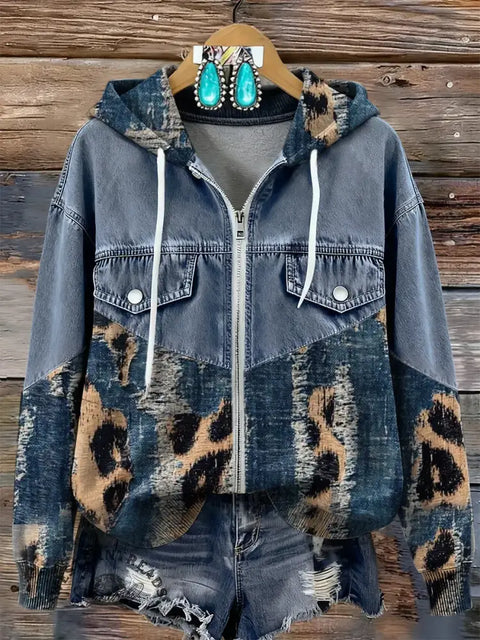 Art Print Patchwork Denim Zip-up Hoodie