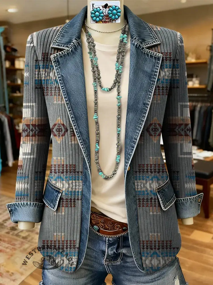 Retro Aztec Print Patchwork Denim Sweater Cardigan Coat