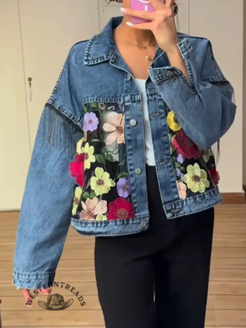 Women's Casual Lace-Patch Denim Jacket