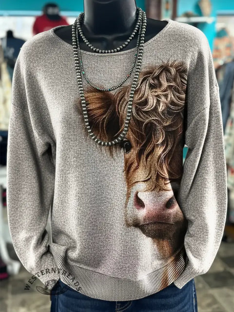 Cow Art Print Casual Sweater
