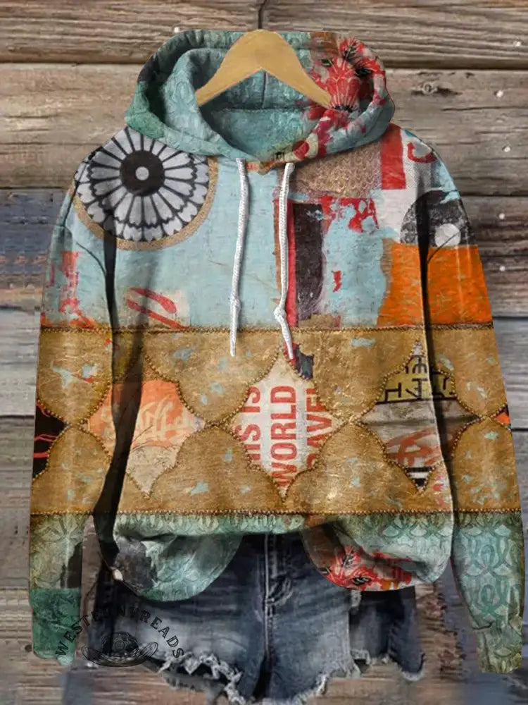 Vintage Art Print Casual Cotton Hooded Sweatshirt
