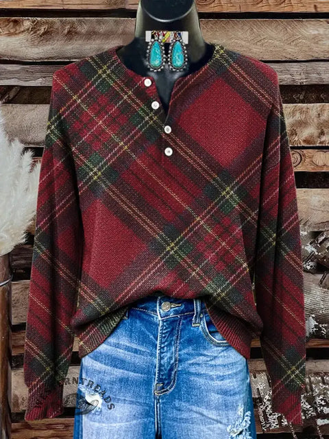 Christmas Plaid Print Casual Button Sweater