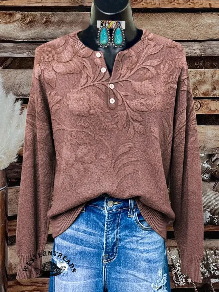Retro Floral Texture Print Buttoned Cardigan Sweater