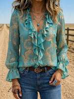 Women's Vintage Floral Print Casual Ruffle Shirt