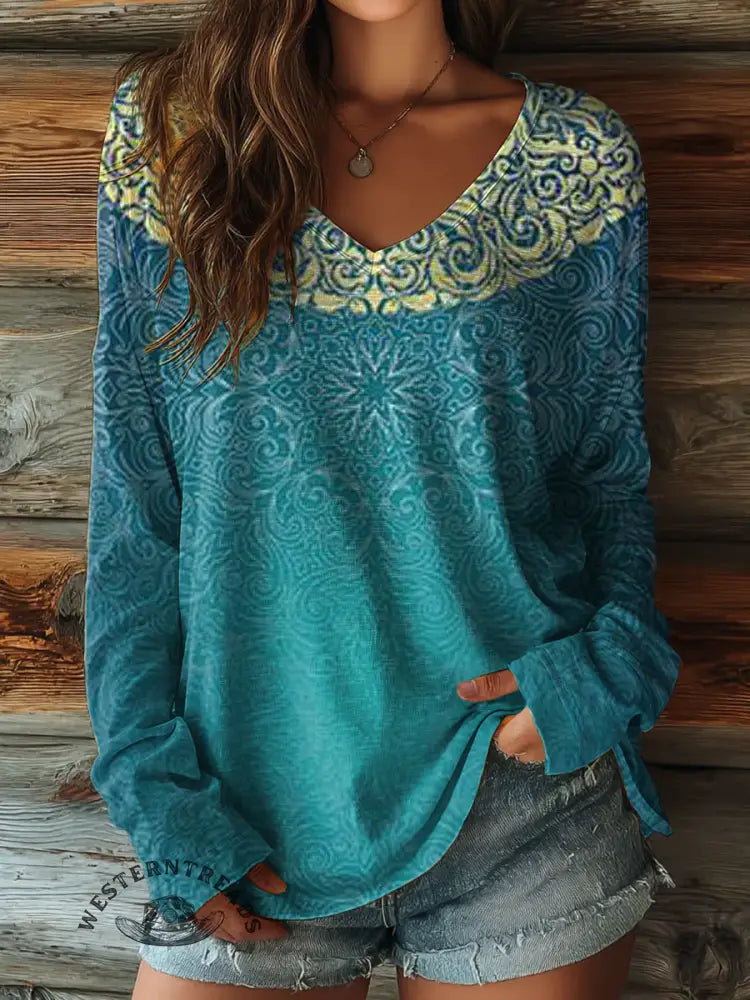 100% Cotton🍃Retro Flower Women's V-neck Long-sleeved Shirt