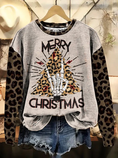 Cowboy Christmas Rock Print Casual Cotton Sweatshirt