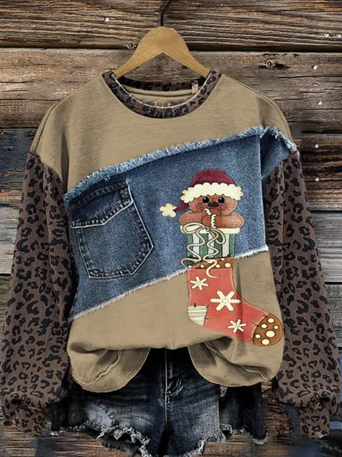 Christmas Stockings And Gingerbread Men Leopard Print Denim Patchwork Casual Cotton Sweatshirt