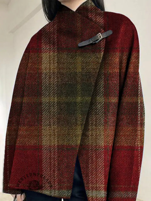 Checkered Print Buckle Long-Sleeved Cardigan Coat