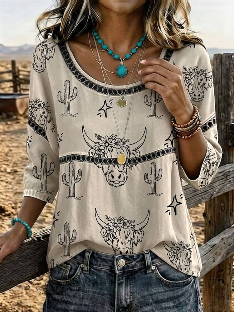Women's Cow & Cactus Print Casual 3/4 Sleeves Hollow Denim Shirt