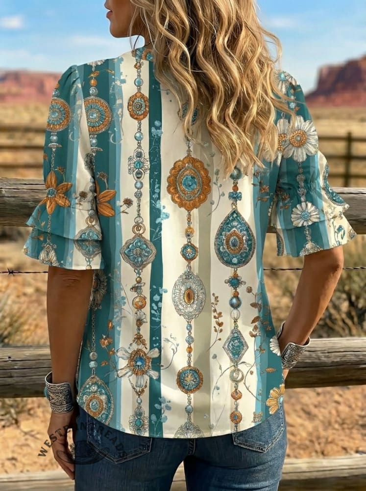 Women's Retro Floral Art Puff Sleeve Casual Shirt