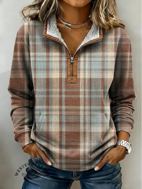 Retro Plaid Print Casual Half-zip Cotton Sweatshirt
