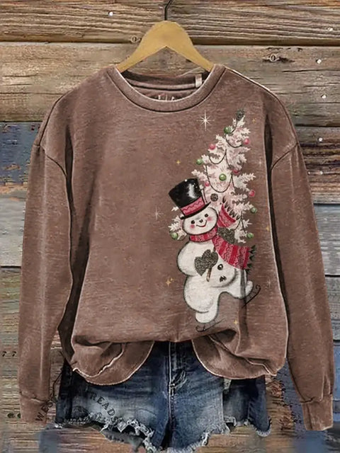Snowman And Christmas Tree Casual Cotton Sweatshirt