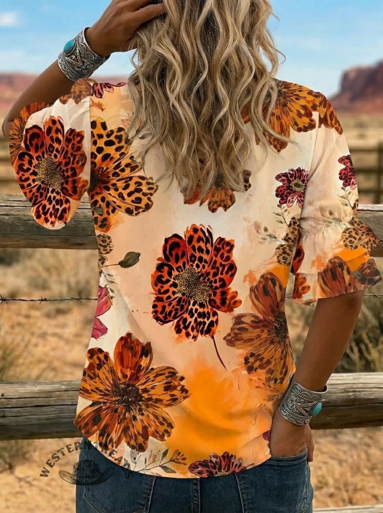 Women's Retro Leopard Floral Art Puff Sleeve Casual Shirt