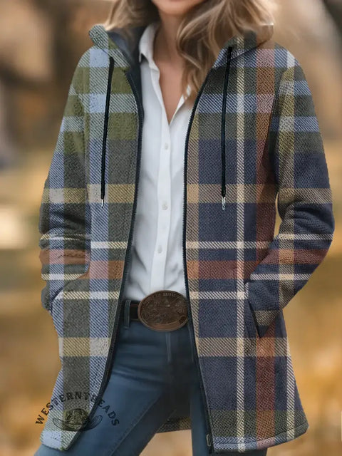 Retro Plaid Print Unisex Plush Thick Long-sleeved Sweater Cardigan Coat