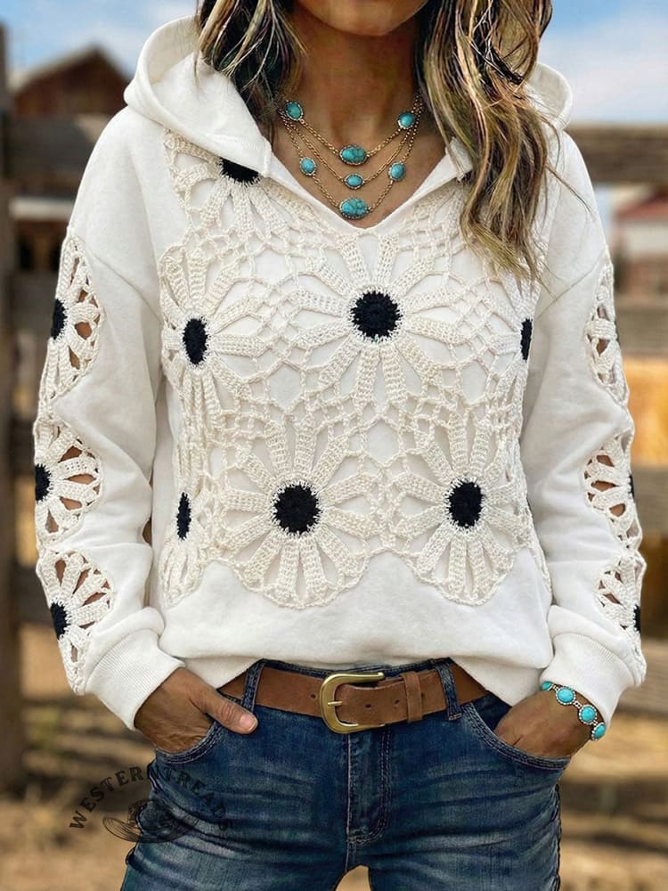 Vintage Western Art Soft Casual Crocheted Flowers Sweatshirt