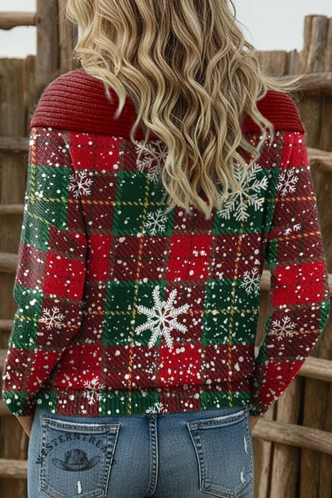 Women's Christmas Checkered Print Casual Cotton Sweater