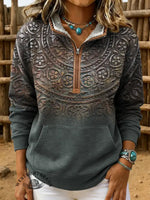 Vintage Art Print Casual Half Zip Cotton Sweatshirt