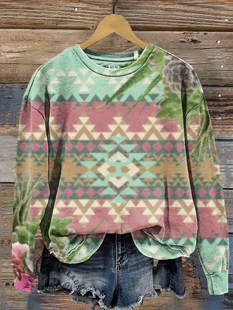 Vintage Aztec Art Print Cotton Sweatshirt