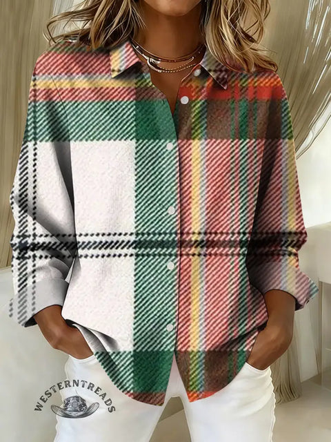 Women's Christmas Plaid Print Casual Cotton Shirt