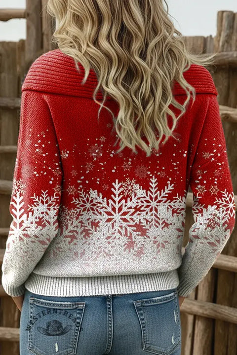 Retro Snow Art Print Buttoned Cardigan Sweater