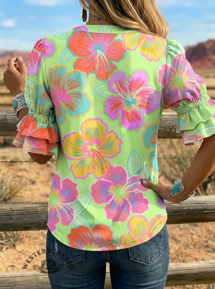 Women's Retro Floral Art Puff Sleeve Casual Shirt