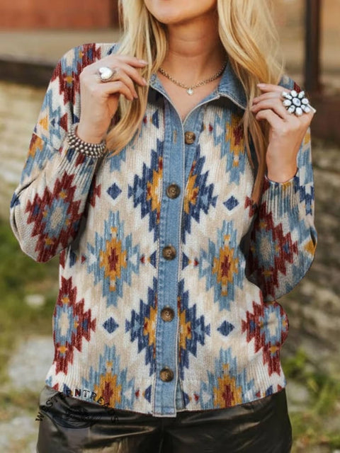 Aztec Print Denim Patchwork Contrast Plaid Polo Collar Button Cardigan Sweater