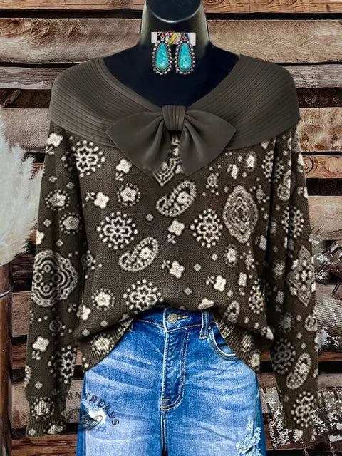 Women's Retro Paisley Print Casual Cotton Sweater