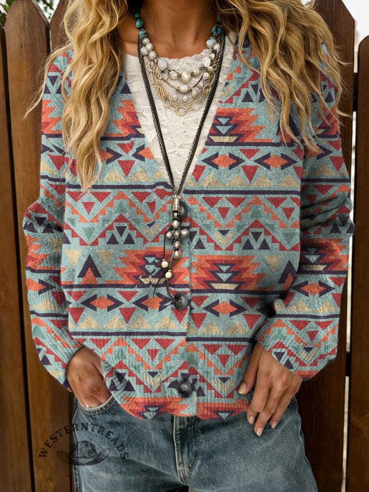 Aztec Print Buttoned Cardigan Sweater