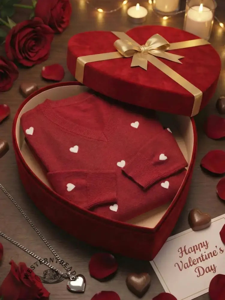 Women's Valentine's Day Heart Jacquard V-neck Long-sleeved Knit Sweater