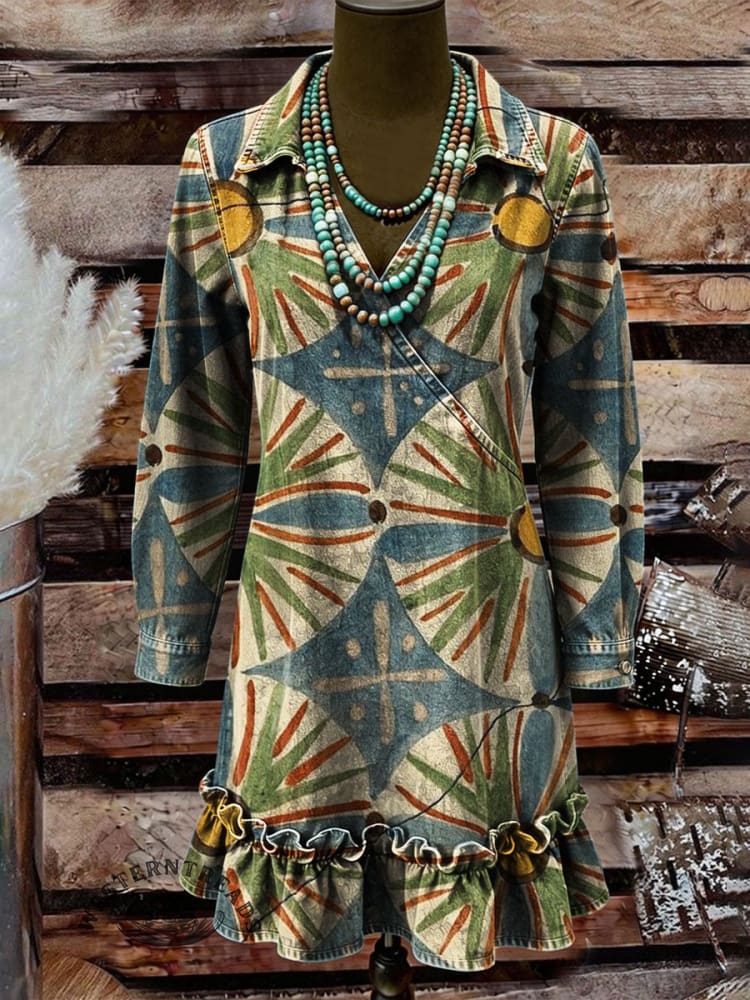 Vintage Art Print Casual Lapel Ruffled Denim Dress