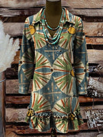 Vintage Art Print Casual Lapel Ruffled Denim Dress