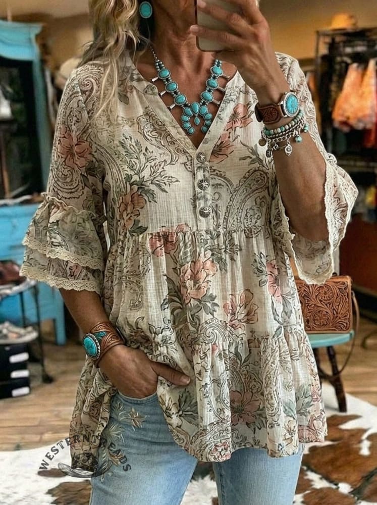 Women's Vintage Floral Print Casual Lace Patchwork Ruffle Shirt