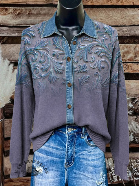 Denim Floral Polo Collar Button Cardigan Sweater