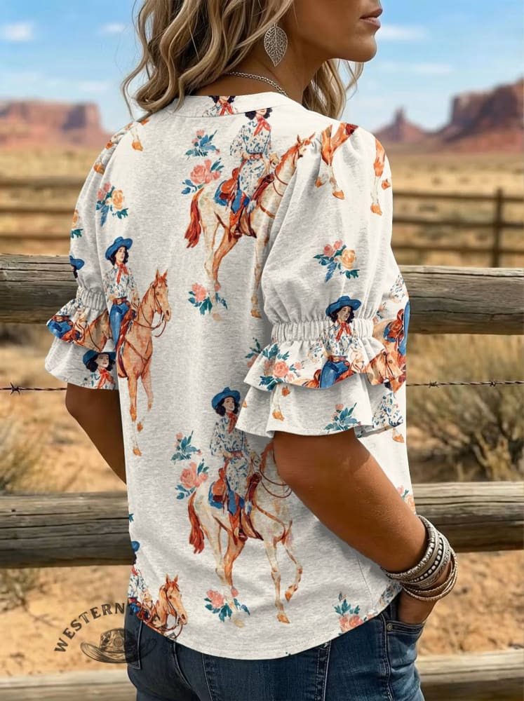 Women's Vintage Art Print Puff Sleeve Casual Shirt