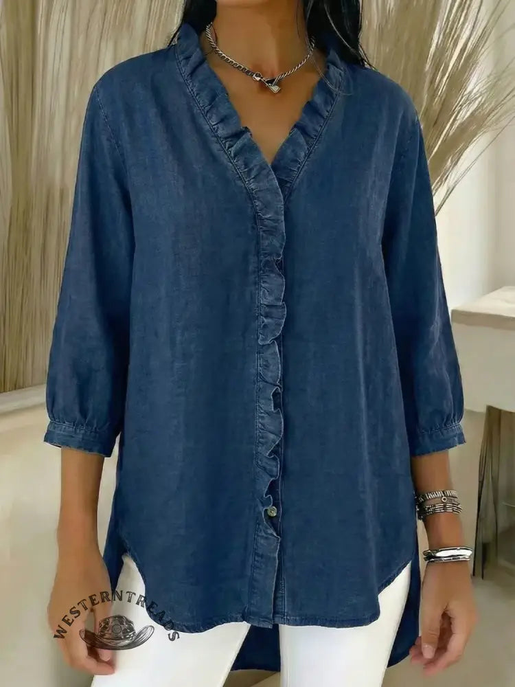 Women's Casual Denim V-Neck Ruffled Shirt