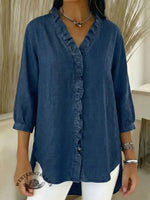 Women's Casual Denim V-Neck Ruffled Shirt