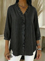 Women's Casual Denim V-Neck Ruffled Shirt