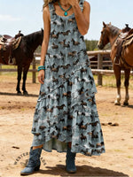 Horse Art Print Sleeveless Multi-layered Ruffled Strap Dress