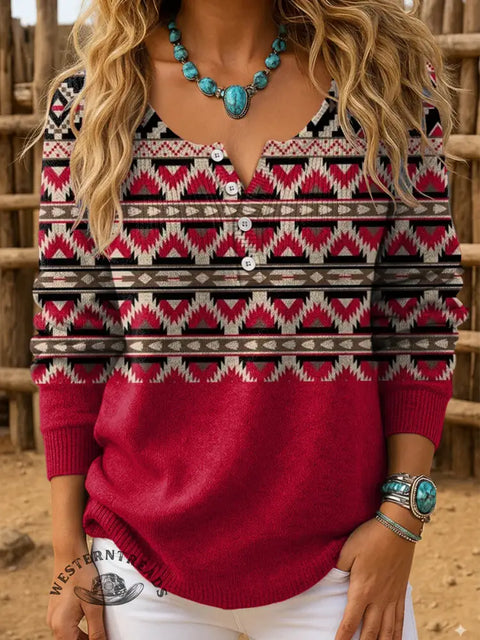 Retro Aztec Gradient Pattern Print Women's Casual Pullover Sweater