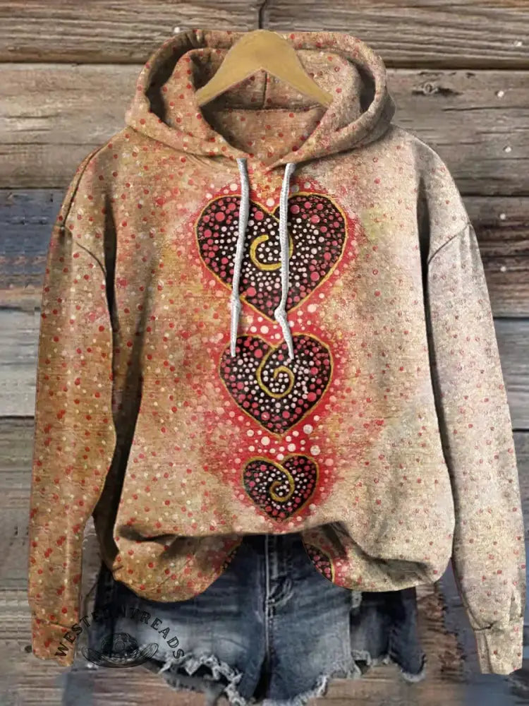 Vintage Heart Art Print Casual Cotton Hooded Sweatshirt