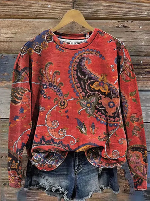 Retro Boho Floral Art Print Casual Cotton Sweatshirt