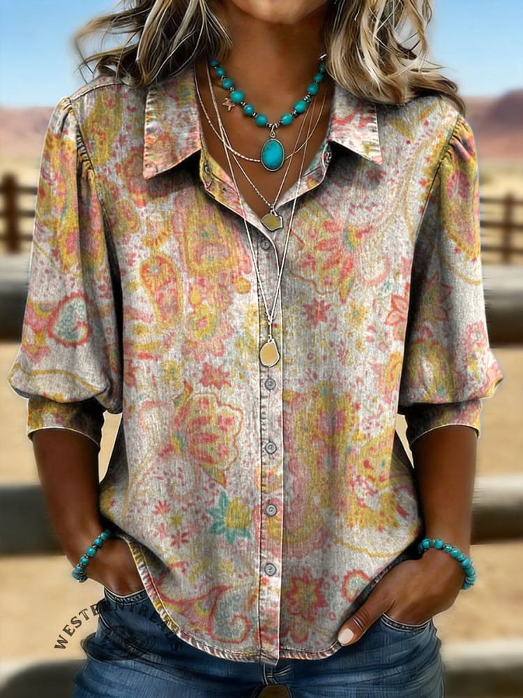 Vintage Floral Prints Casual Cotton Shirt