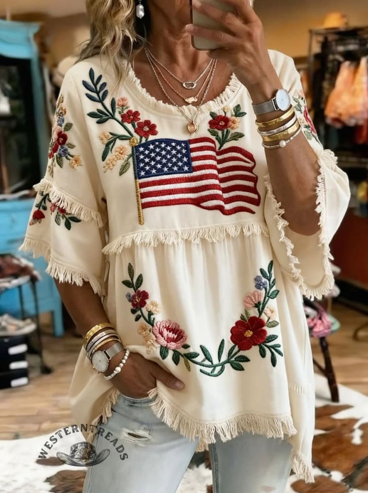 Women's Vintage US Independence Day Flowers Print Patchwork Casual Shirt