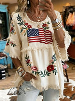 Women's Vintage US Independence Day Flowers Print Patchwork Casual Shirt