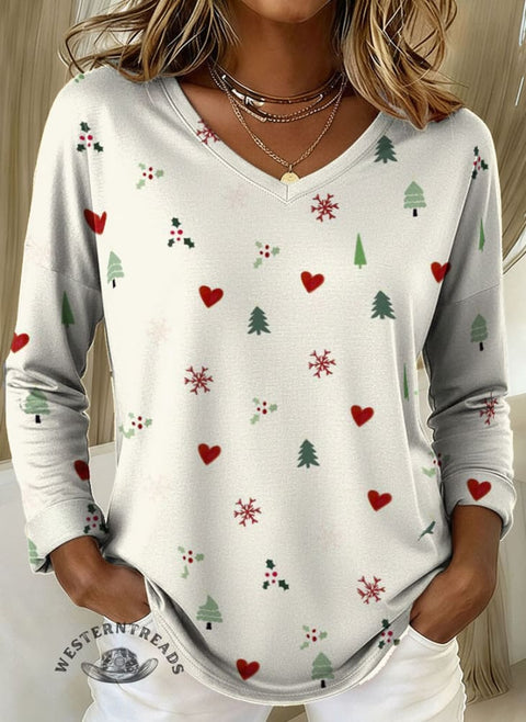 Women's Christmas Print Casual V-Neck Long-Sleeve T-Shirt