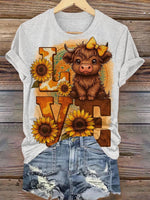 Sunflower & Cow Art Print Casual T-shirt