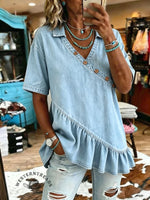 Women's Vintage Casual Ruffles Denim Short Sleeve Shirt
