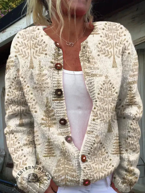 Christmas Tree Art Print Buttoned Cardigan Sweater