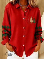 Women's Christmas Tree Print Casual Cotton Shirt